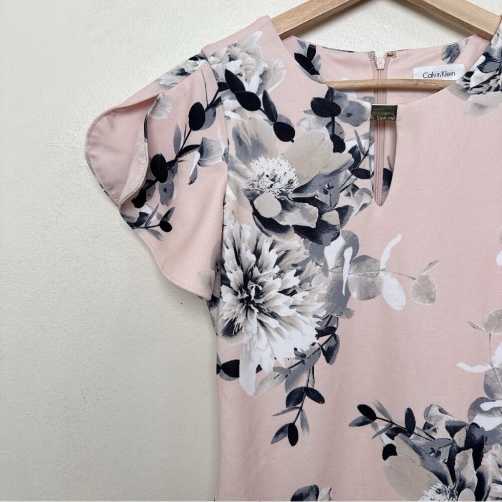 Calvin Klein Womens 2 Floral Ruffle Sleeve Sheath Dress Pink Color - Picture 4 of 12